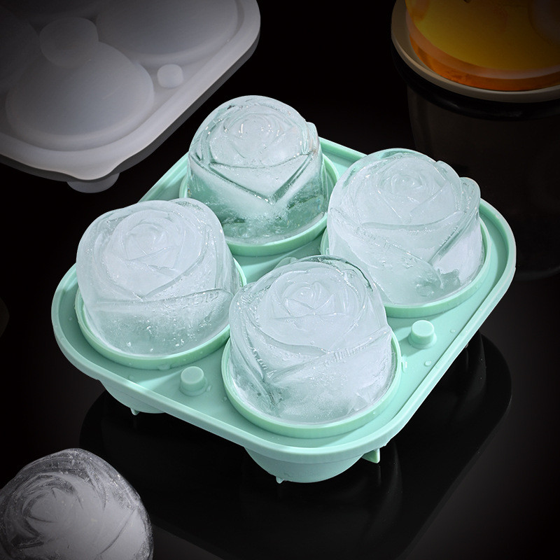 Rose Ice Cube Mold,Bongpuda Silicone Ice Cube Tray,4 Cavity Silicone Rose Ice Ball Maker,Easy Release,For Chilling Cocktails, Whiskey, Bourbon And