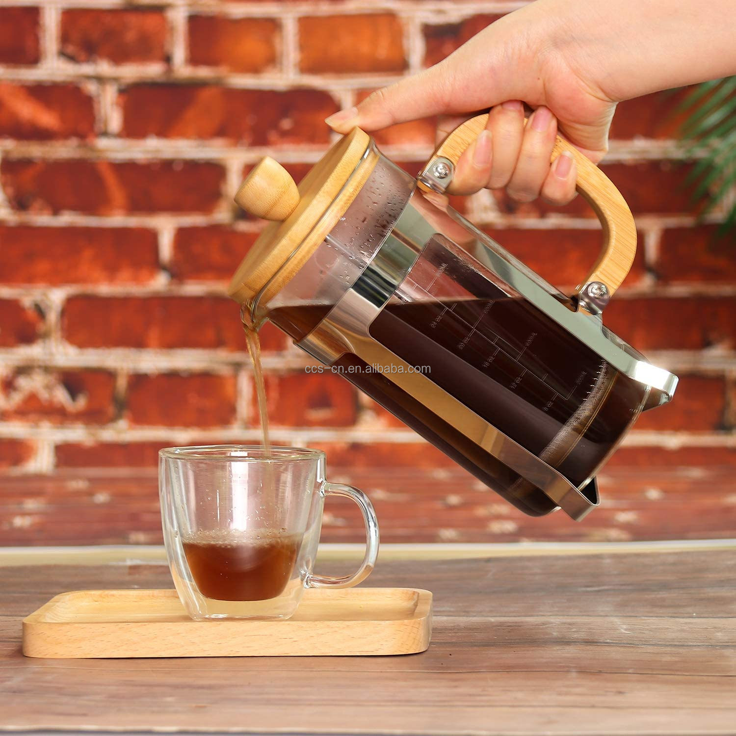 Stainless Steel Frame Portable Coffee Makers High Borosilicate Glass Coffee Press Bamboo French Press With Bamboo Handle