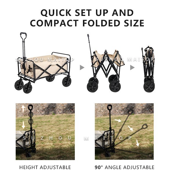 Compact Folding Wagon Cart Adjustable Collapsible Wagon For Outdoor Camping