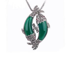 Quality Thai 925 Silver Double Fishes Green Agate Pendant with Sterling Silver Chain (N11066GREEN) wholesale