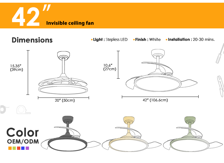 Space Saving Invisible LED Ceiling Fan Light with Retractable Blades in Mordern Style