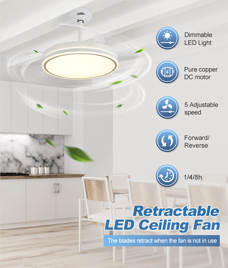 1stshine LED Ceiling Fan with Retractable Blades and Remote Control 3 Color LED Light