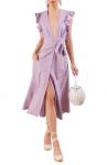 Clothing Fashion Women Ruffle Shoulder Midi Linen Dress Ladies