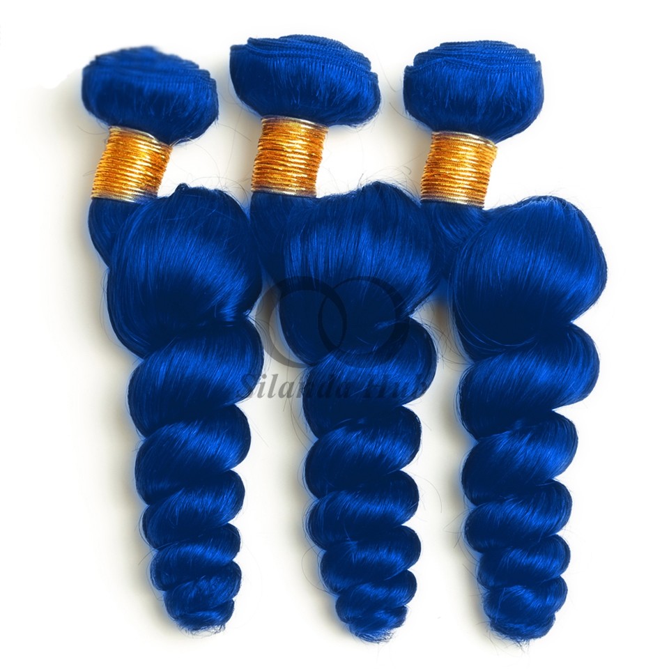 Blue Loose Wave Remy Human Hair Bundles Sew In Weave Bundles Brazilian Bundle Deals