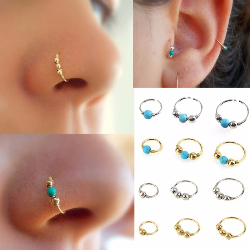 Fashion Retro Round Beads Nose Ring Nostril Hoop Body Piercing Jewelry