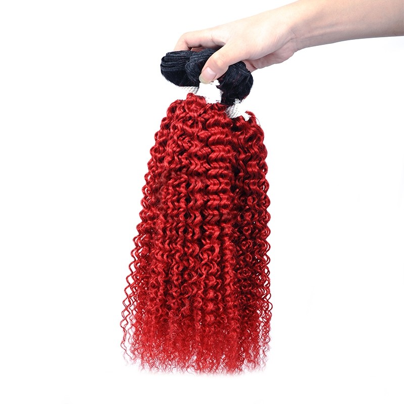 #T1B/Red Kinky Curly Remy Human Hair Bundles Sew In Weave Bundles Brazilian Bundle Deals