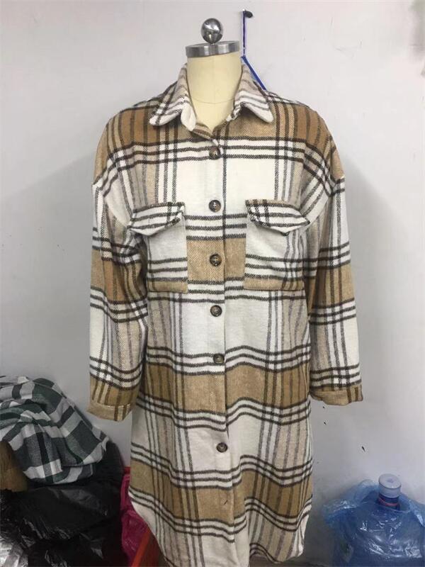 Autumn Winter Coats for Women 2023 Lapel Pocket Long Plaid Shirt Jacket Coat Woolen Fleece Plaid Long Coats for Women