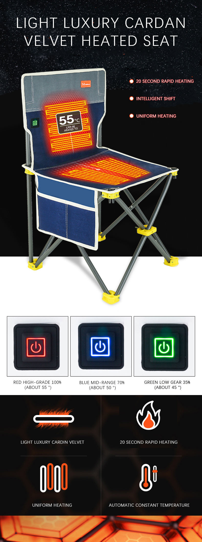 45cm Heated Folding Camp Chair Hunting And Fishing Camping 150kg