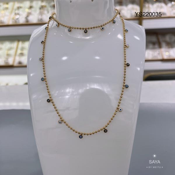 Blue Devil's Eye Gold Bead Chain Necklace 18k Gold Plated Stainless Steel
