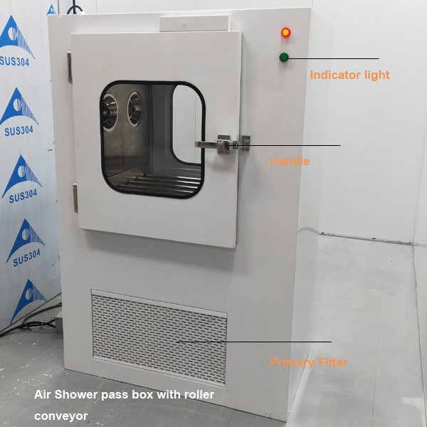 Electric Interlocked Air Shower Pass Box Transfer Windows With SS304 Roller Conveyor