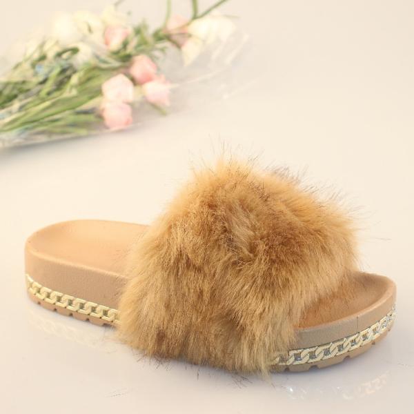 Cheap Apricot Fluffy Womens Soft Bottom Slippers Metal Height Increasing for sale