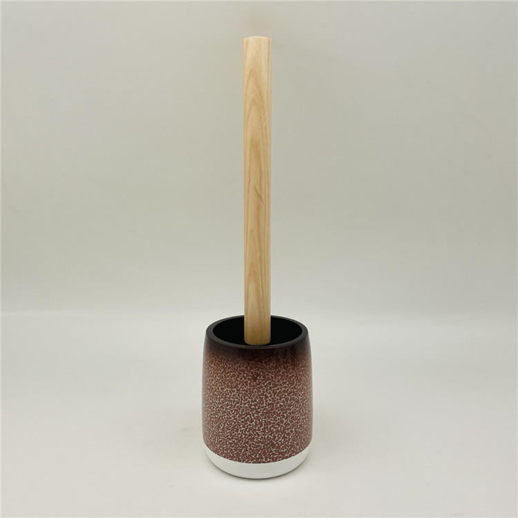 5pcs Ceramic Look Polyresin Bathroom Accessories Set Toothbrush Tumbler Holder With Wood Parts
