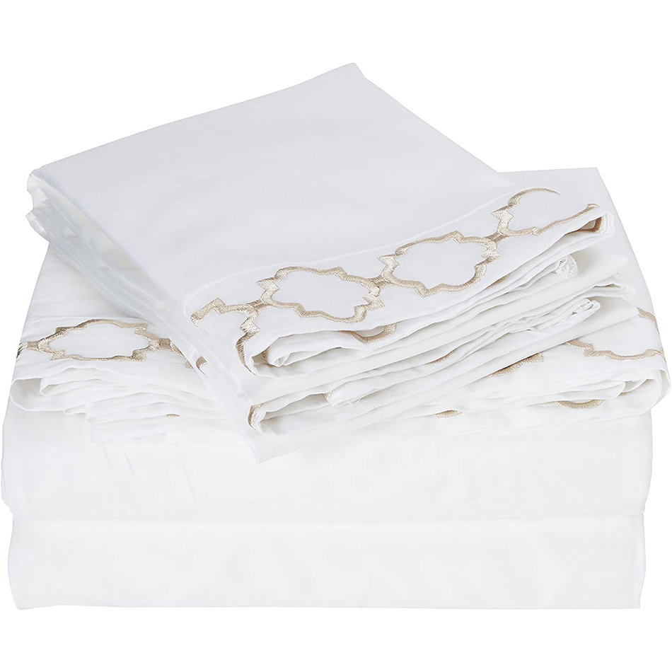 All-Season Flat Bed Sheet Egyptian Luxury Embroidered Bed Sheet Set with Beautiful Rope Embroidery 4 Piece Set