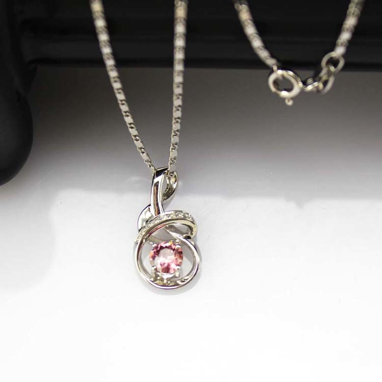 925 Sterling Silver 5mm Round Pink Cubic Zircon Pendant Necklace (P47)