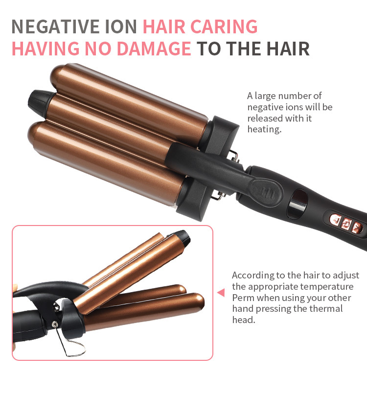 PTC 50HZ 60HZ Three Barrel Hair Waver , LCD Beach Waves Curling Wand