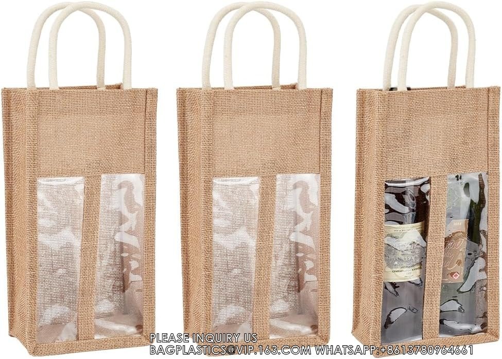 Double Window Two Bottles Burlap Jute Wine Bottle Bag Wedding, Party Favors, Christmas, Holiday And Wine Tasting