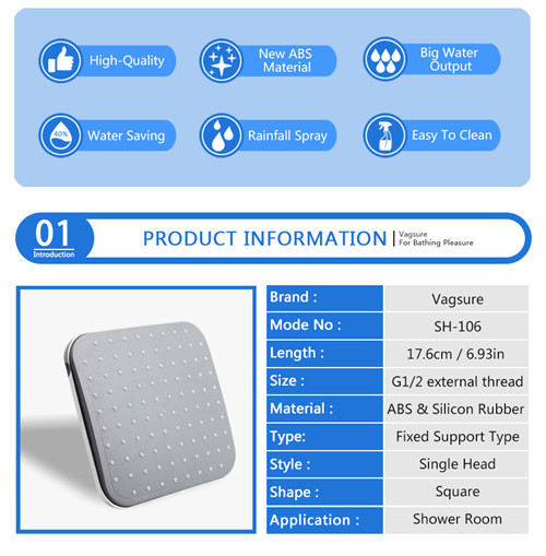 Big Size Square High Pressure Rainfall Shower Head ABS / Softer Silicon Rubber Material