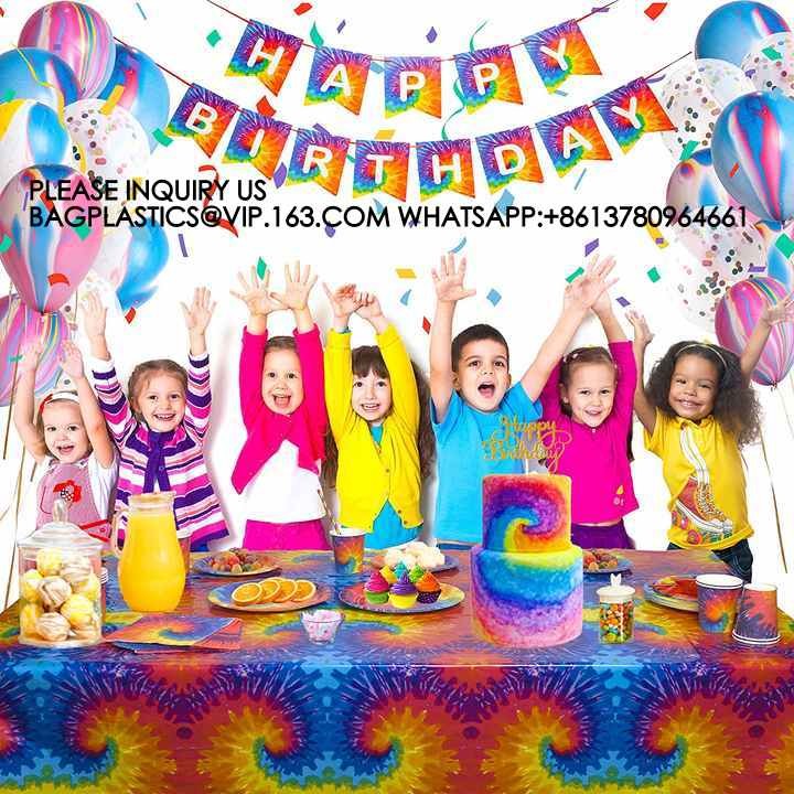 Happy Birthday Party Decoration Set Tie-Dye Disposable Banner Paper Plates Tableware Set