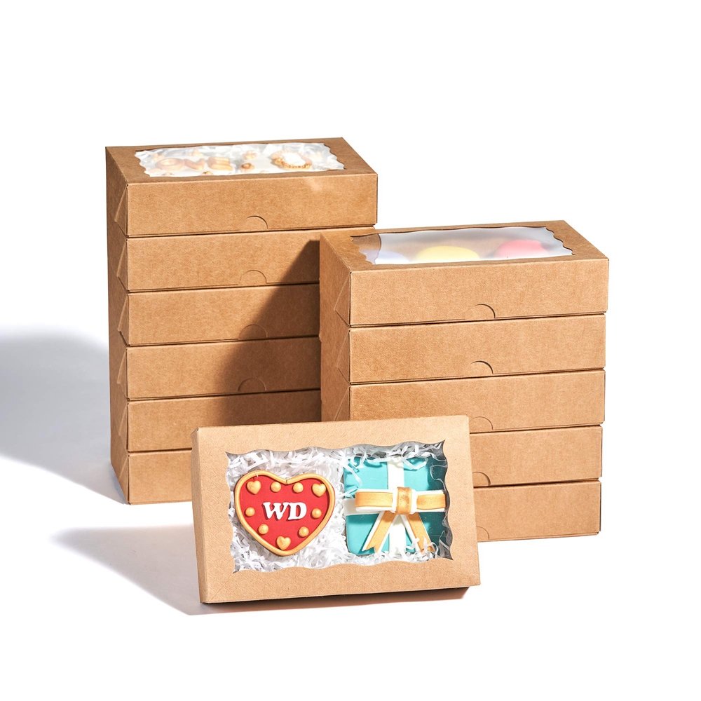 Kraft Paper Box With Clear Display Window For Packaging Macarone Cake Foldable Design