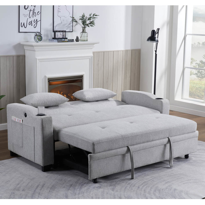 Queen Size Convertible Sleeper Sofa Bed, Comfortable Pull-Out Bed with Adjustable Backrest and USB Charging Port and Cup Holders, Futon Sofa Bed, Gray