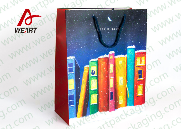 C1S Card Paper Christmas Present Bag , PP Flat Ribbon Christmas Brown Paper Bags