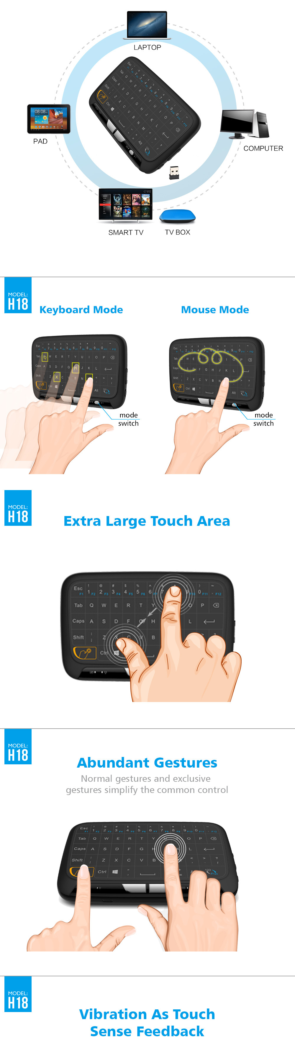 Multimedia Ergonomics Touch Pad Keyboard 2.4Ghz Wireless For Gaming