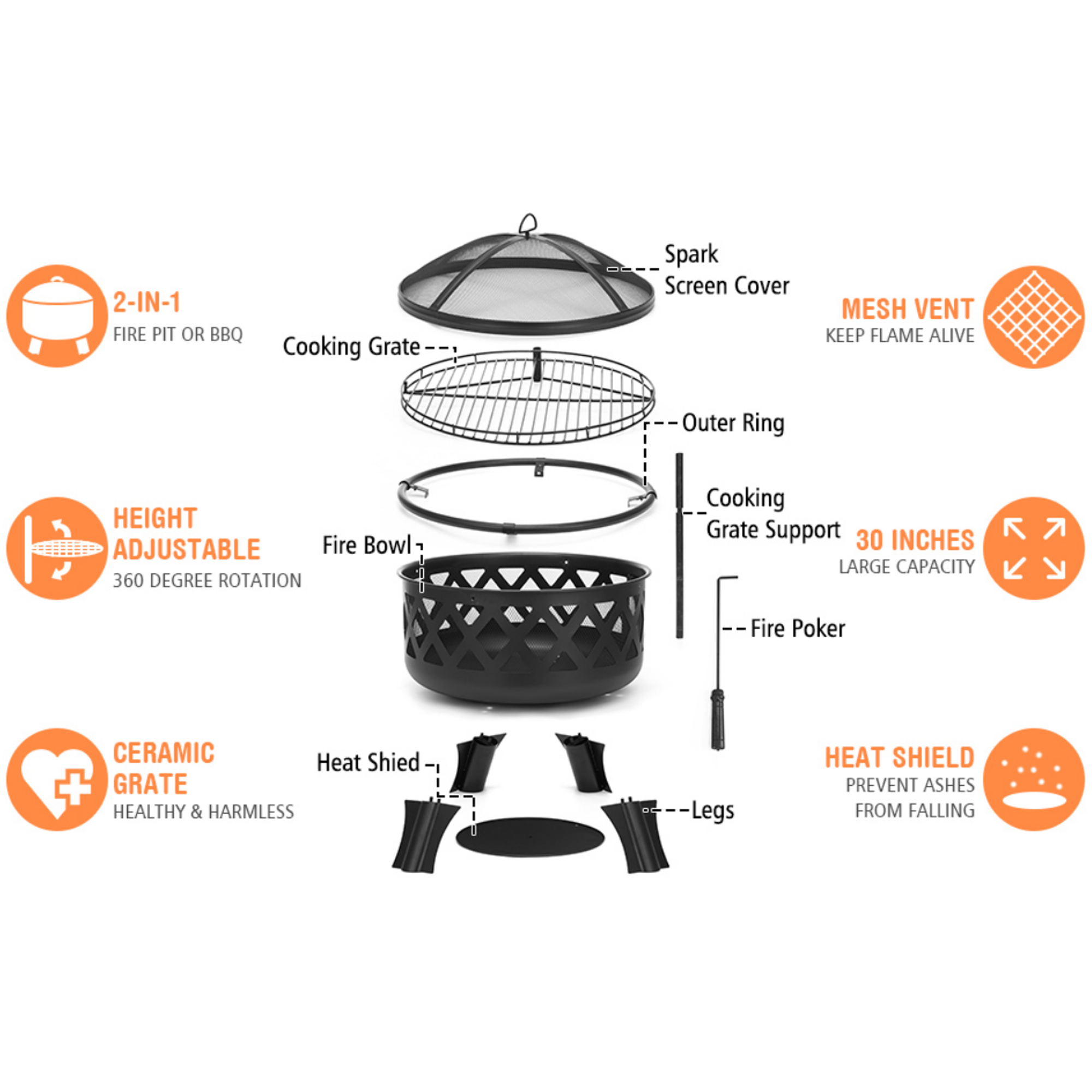 Charcoal Fire Pit for Outdoor and Indoor 30 Inch Steel Wood Burner BBQ Brazier Grill