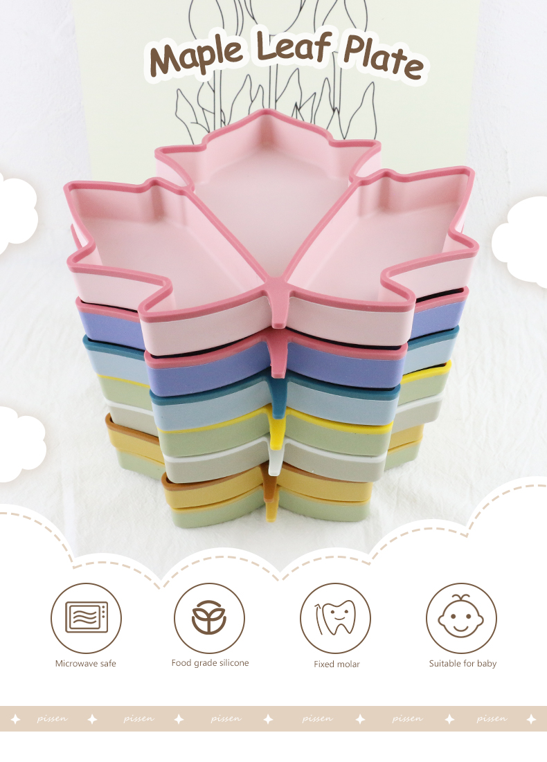 Food Grade Toddler Silicone Plates , Maple Shape Suction Divided Plate Unbreakable