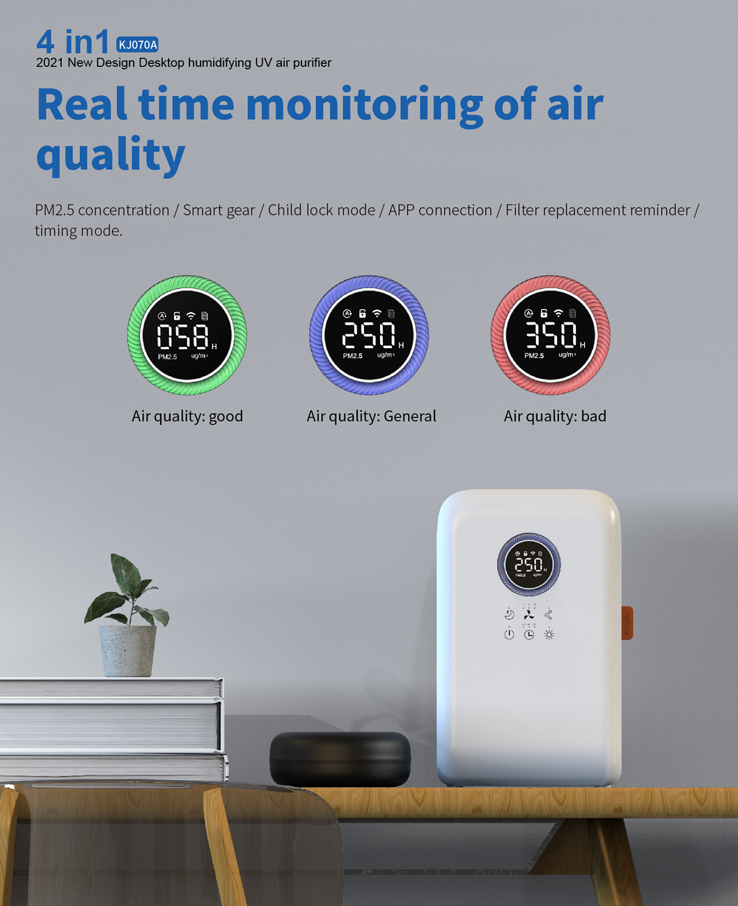 Homefish OEM UV Hepa Air Purifier Negative Ions Air Cleaner Ture Hepa Filter Desktop Tuya Wifi Air Purifier With Humidification