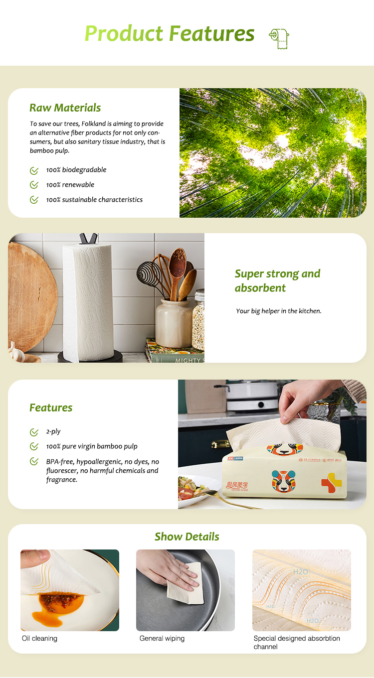 FSC Nontoxic Kitchen Tissue Paper Roll 2 Ply Disposable Durable