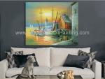 Sailling Boats Oil Painting Harbor , Modern Sunset Landscape Painting