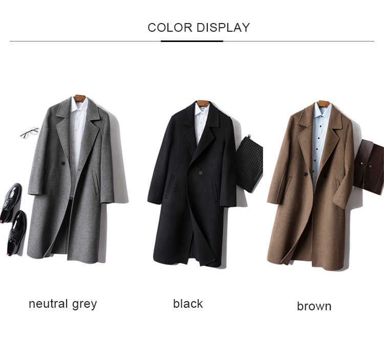 Pure Wool Men's Double-Sided Cashmere Coat Mid-Length Trench Jacket for Casual Outwear