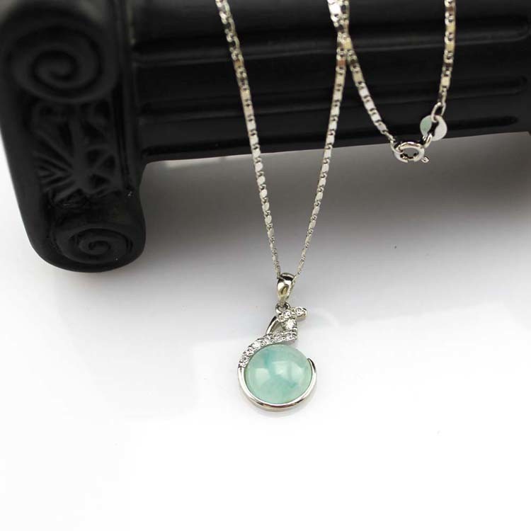 925 Sterling Silver Round Blue Chalcedony Cubic Zircon Pendant Necklace 18 Inches(PSJ0214)