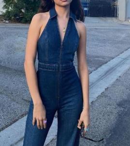 Quality Small Quantity Clothing Manufacturer Women'S Jeans Zipper Sleeveless V Neck High Waist Denim Jumpsuit wholesale