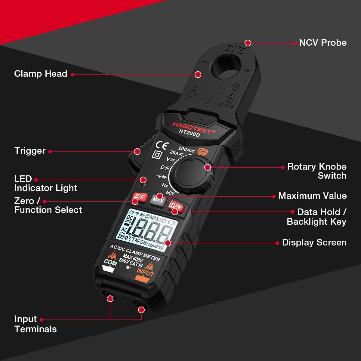 HT200D Clamp Meter DC/AC Current Voltage Digital Clamp Meter Measure Frequency Of Resistance Capacitance NCV Test