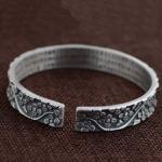 Women Sterling Silver Engraved Flowers Buddhist Sutras Retro Cuff Bracelet