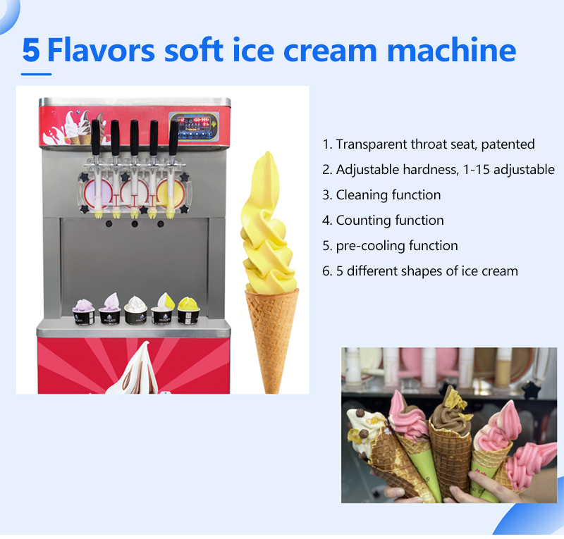21L Capacity Soft Serve Ice Cream Machine 5 Flavors Automatic Yogurt Icecream Maker with English Operating Language