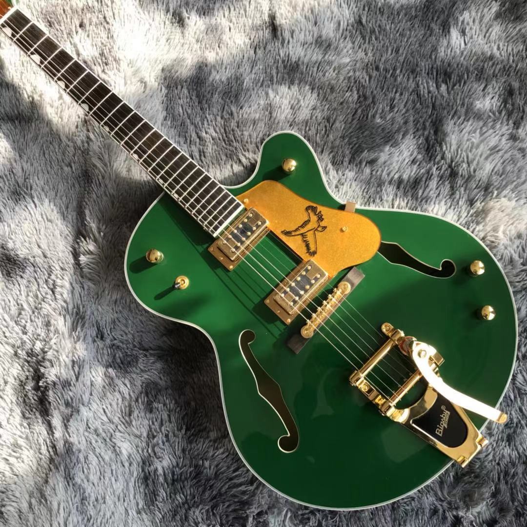 Custom Gret Electric Guitar in Green Color Semi Hollow Body Jazz Electric Guitar With Bigsby Tremolo and High Grade Tune