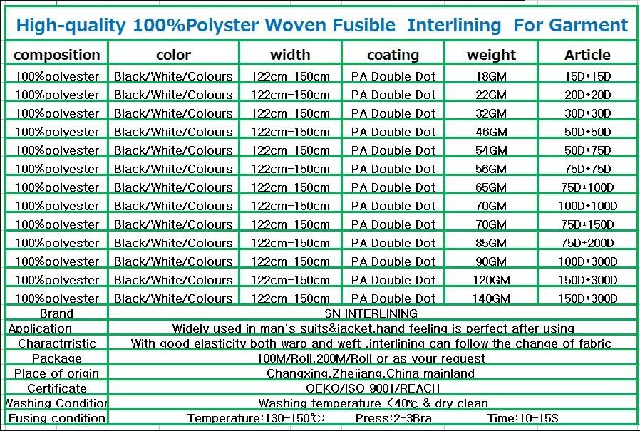 100 Percent Polyester 75D Collar Woven Fusible Interlining