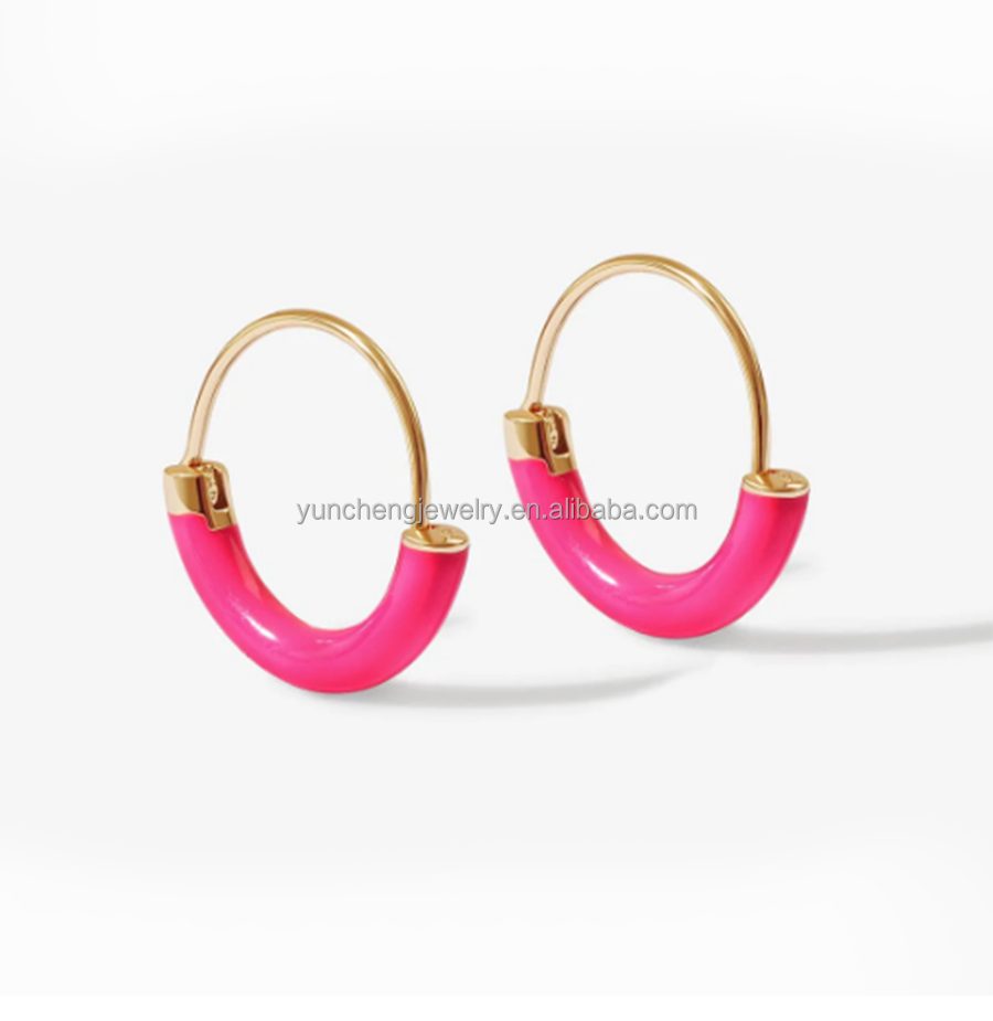 925 Sterling Silver EARRINGS 18MM Dia Hoops with Hot Pink Enamel and 18K Gold Plating