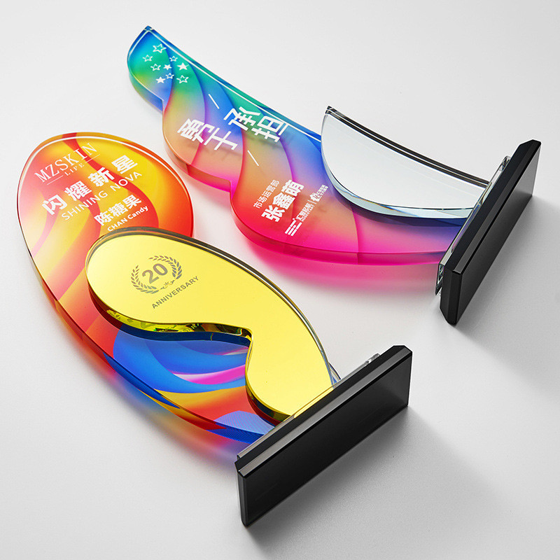Custom Shape Colorful Acrylic Award Trophy PMMA Plaque with UV printing and Engraving For Business Recognition or Anniversary Celebration