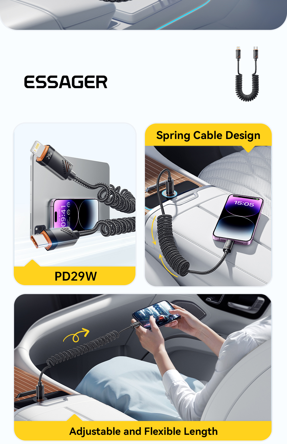 ESSAGER ES-X66 Spring Style 29W USB-C to Lighting Charging Cable Cord