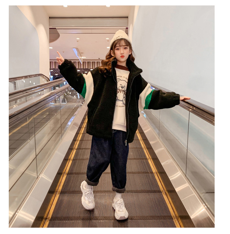 Girls Cotton Warm Embroidered Lamb Wool Padded Coat Windproof
