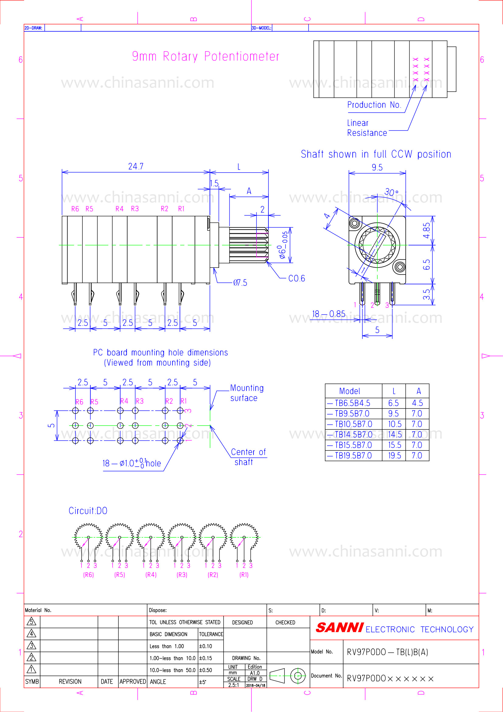 9mm Variable Resistor 5K 10k Linear Potentiometer Six Gang 15/20mm plastic Shaft Rotary Potentiometer for Volume Control