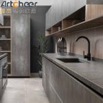 E0 Grade Material Kitchen Cabinets With Dark Grey Marble Look Finish And Island