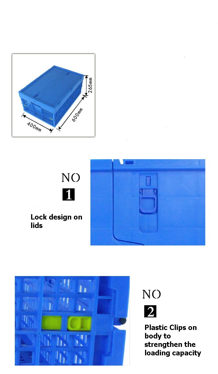 Attached lids Plastic Collapsible Crates 600*400*265 mm Solid Bottom Mesh Body