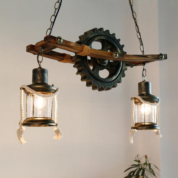 American Design Glass Chandelier Retro Cafe Wooden Lamp Gear Industrial