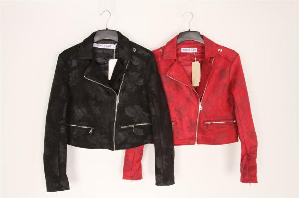 Cheap Black Red Cropped Ladies Suede Bomber Jacket With Jacquard Weave for sale