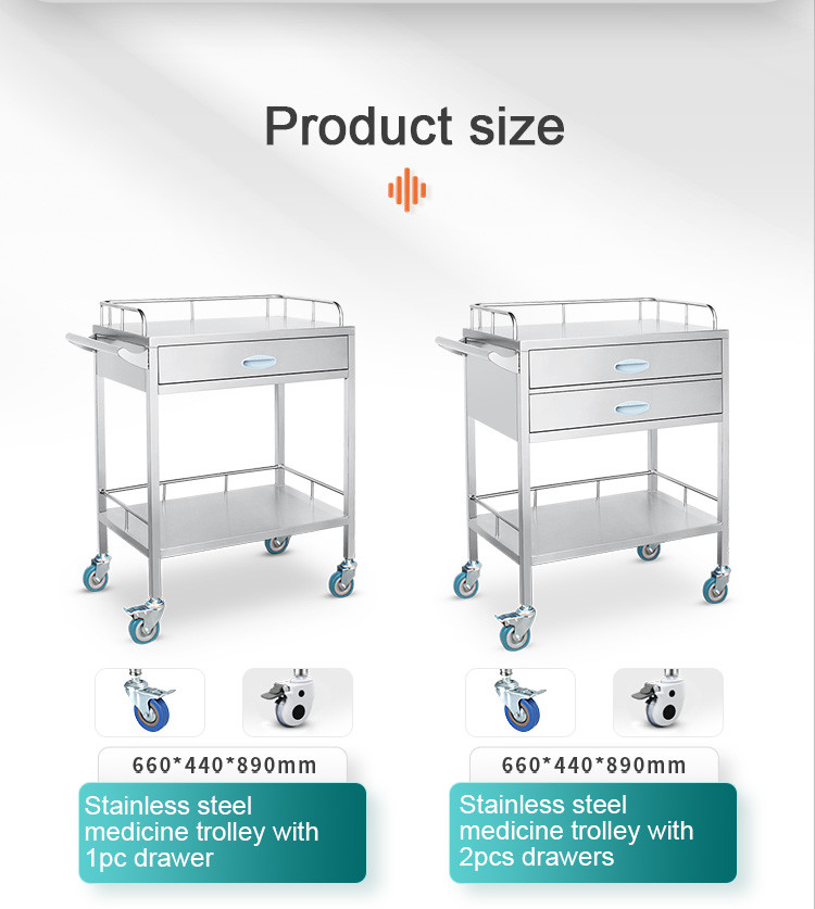 Hospital 3 Drawers Stainless Steel Medical Medicine Trolley