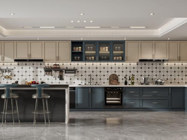 Versatile French Style Kitchen Cabinet With Indigo Blue And Cream Contrasting